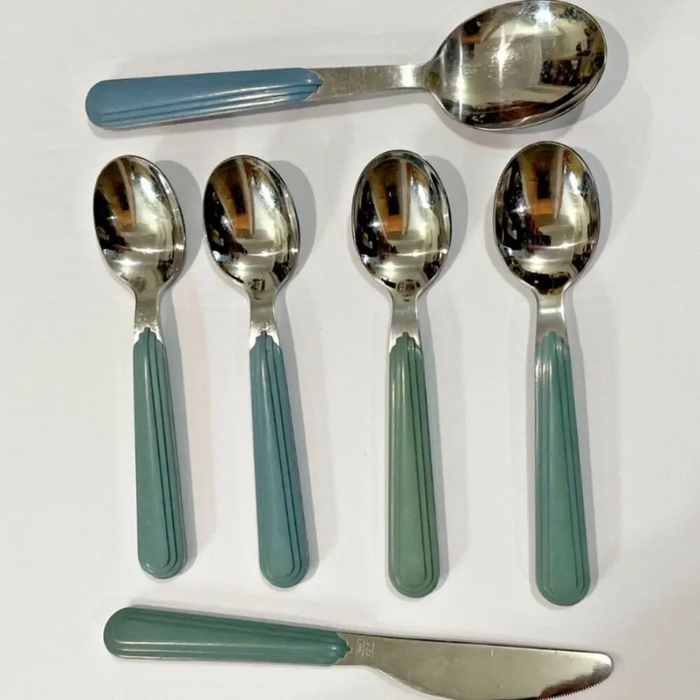 6 Pieces Vintage Blue Jazz Korea Stainless Steel Flatware Spoons Knife